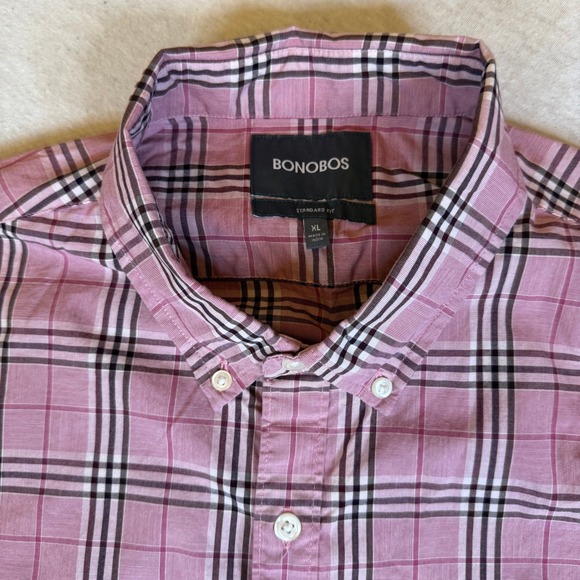 BONOBOS Mens XL Standard Fit Pink Plaid‎ Button Down Shirt Long Sleeve Cotton - Picture 2 of 3